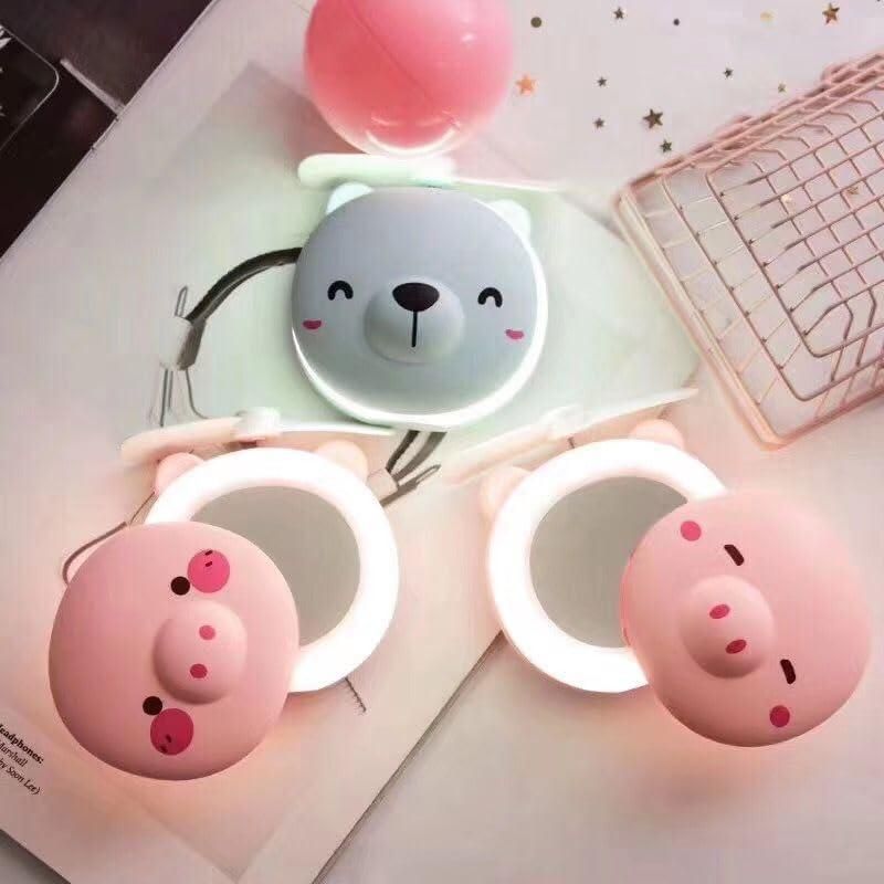 PiggyGlow™ Portable Fan Mirror – LED Makeup Mirror with Mini Cooling Fan