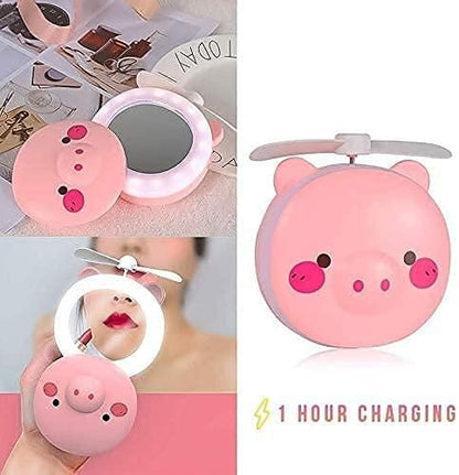 PiggyGlow™ Portable Fan Mirror – LED Makeup Mirror with Mini Cooling Fan