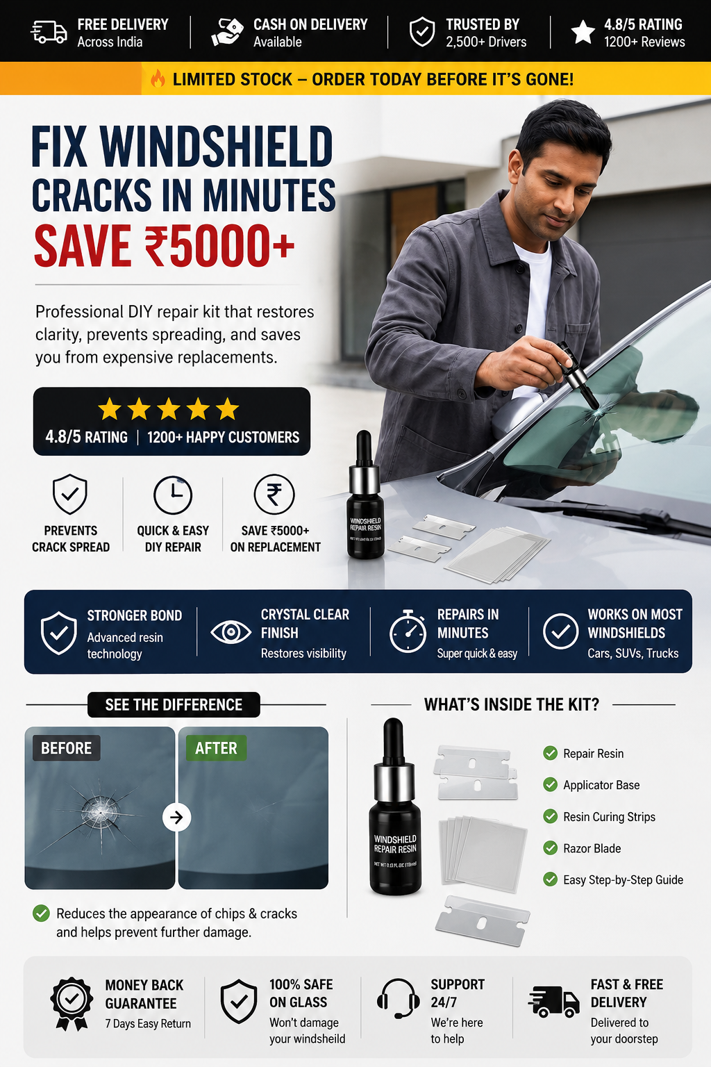 Windshield Repair Kit (Pack of 2) – Fix Cracks in Minutes | Save ₹5000+